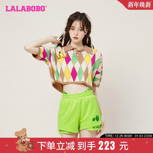 女针织线衫 LALABOBO2023夏新拼色菱形水果翻领短袖 设计师潮牌