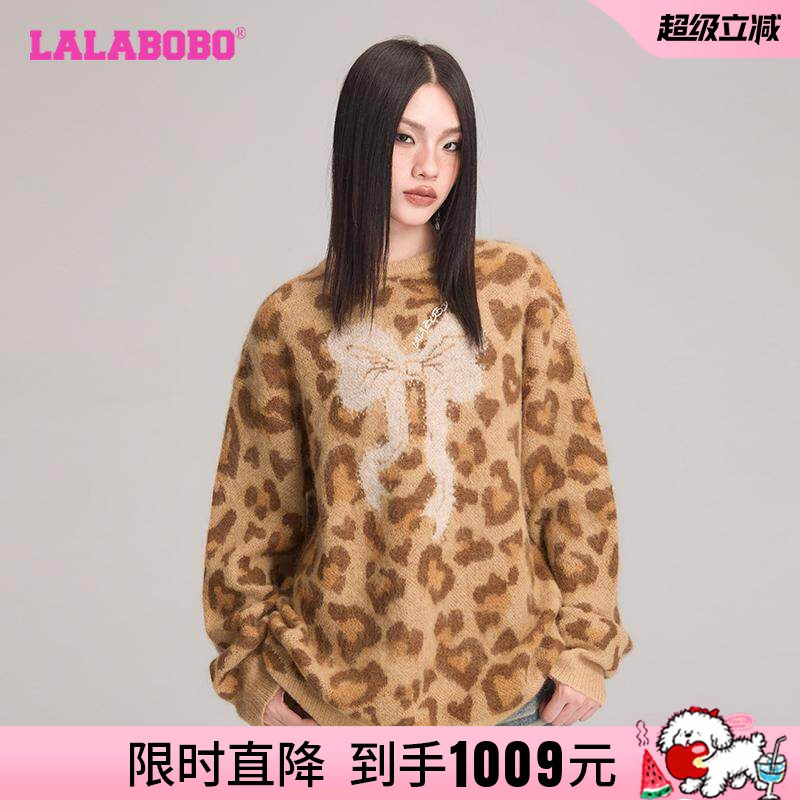 LALABOBO圆领长袖毛衣豹纹蝴蝶结