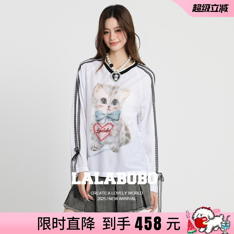 LALABOBO小猫蝴蝶结长袖T恤