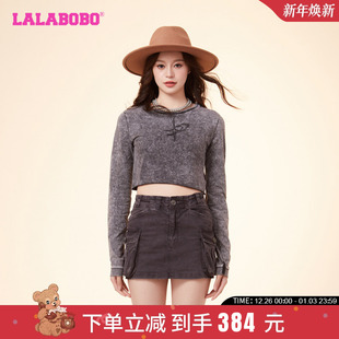 T恤LBDA 圆领字母图案长袖 WSDT47 复古休闲风短款 LALABOBO24春美式