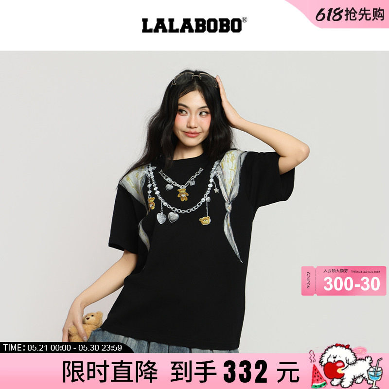 【视错系列】LALABOBO26年春新款短袖原创3D链条印花黑色宽松T恤