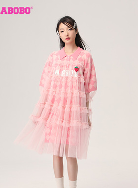 多巴胺LALABOBO早秋新潮流百搭网纱针织短袖连衣身裙|LBCB-WLZY45