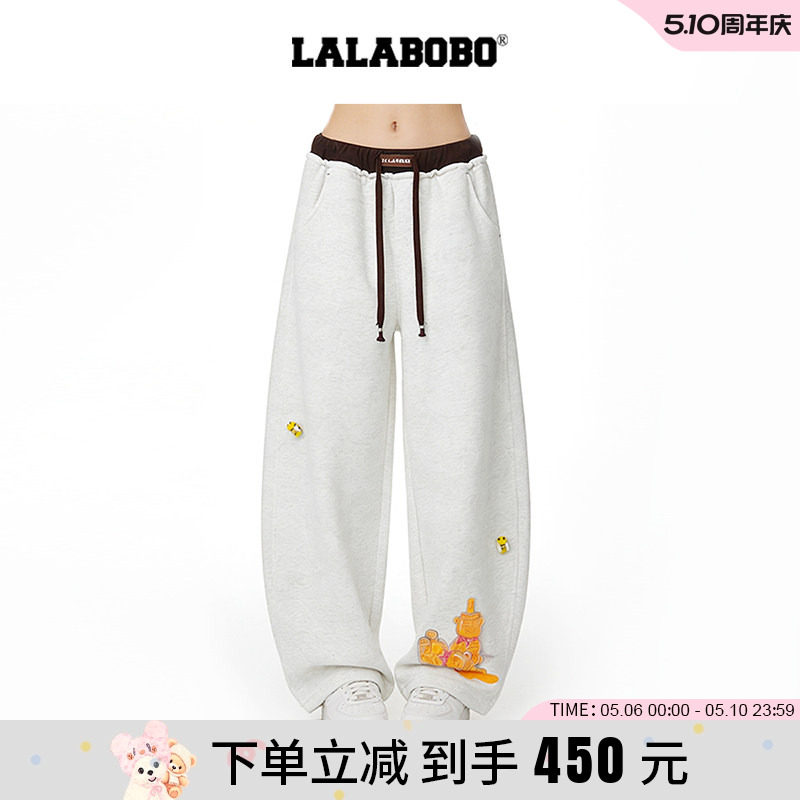 【商场同款】LALABOBO26年春新款弯刀卫裤小熊慵懒阔腿灰色休闲裤