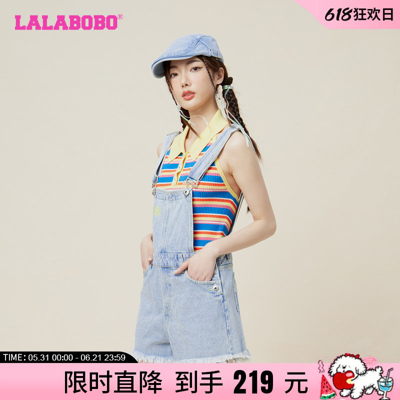 【设计师潮牌】LALABOBO2024夏新款甜系夏日海滨浅蓝牛仔背带短裤