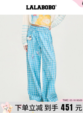 【商场同款】LALABOBO26年新款蓝色阔腿裤可爱玩偶小熊格纹休闲裤