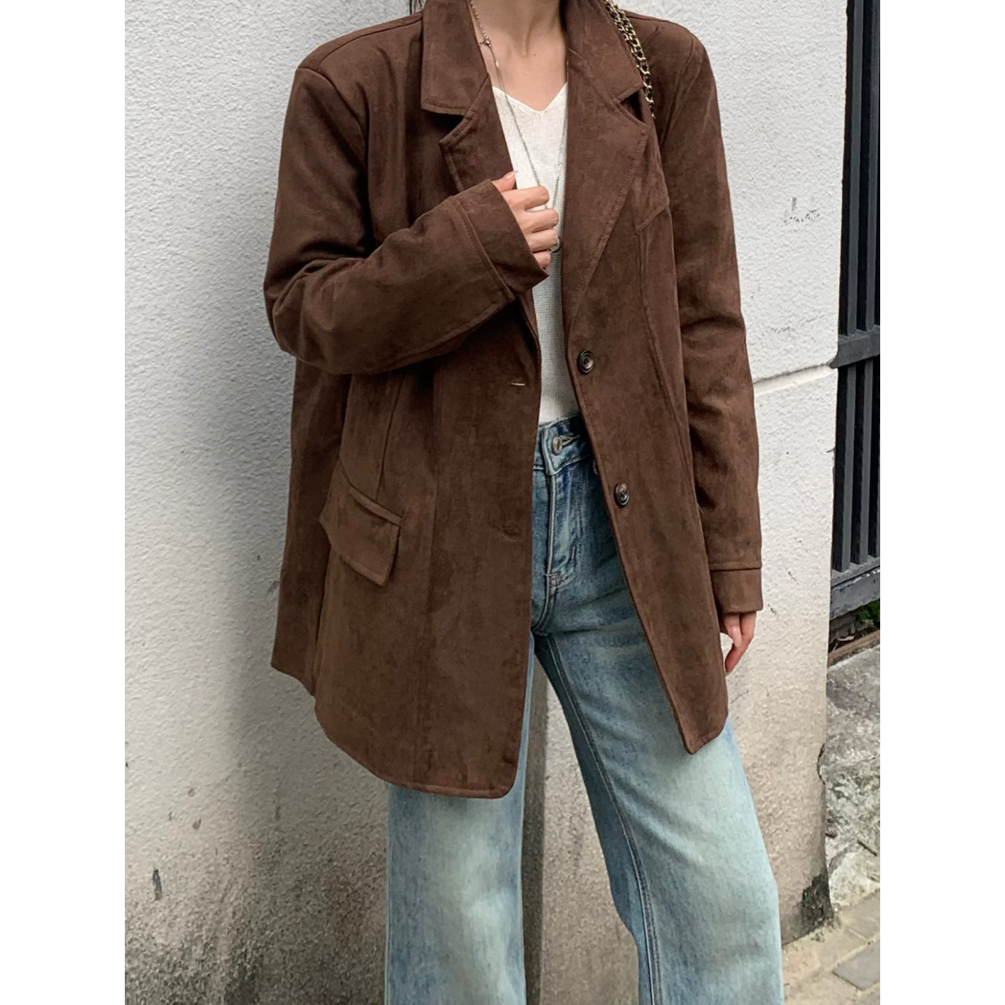 复古百搭仿麂皮绒西装外套女