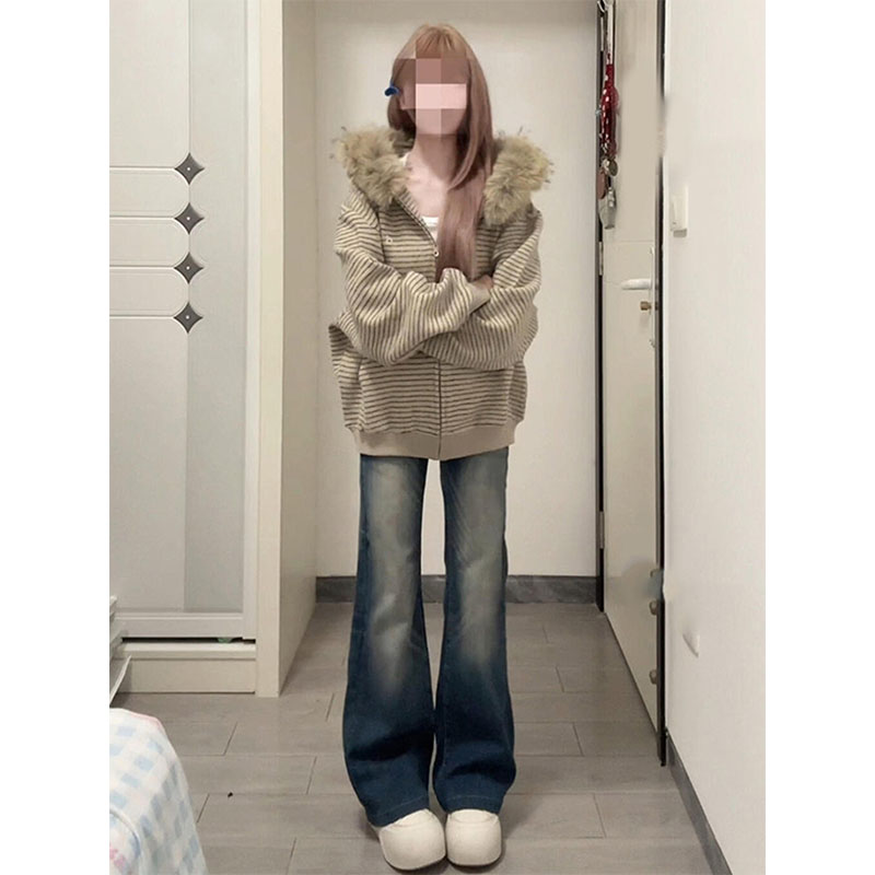 美式复古开衫条纹毛领连帽卫衣女秋冬加绒加厚宽松韩系慵懒风外套