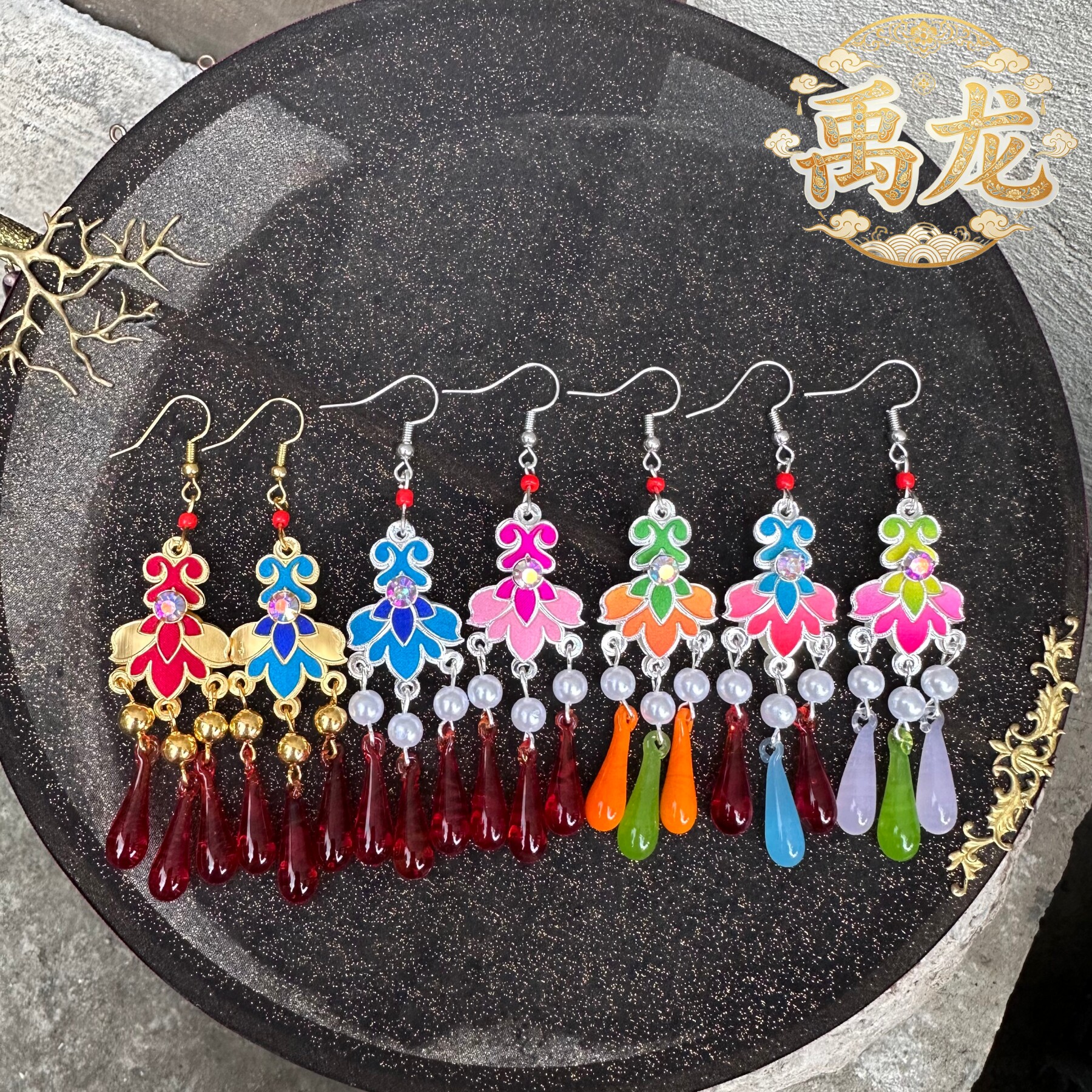 古风京越粤剧水钻点绸耳环