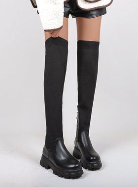 36-44码 大码女鞋41肥脚松糕底过膝长筒靴42女韩版弹力瘦瘦靴43