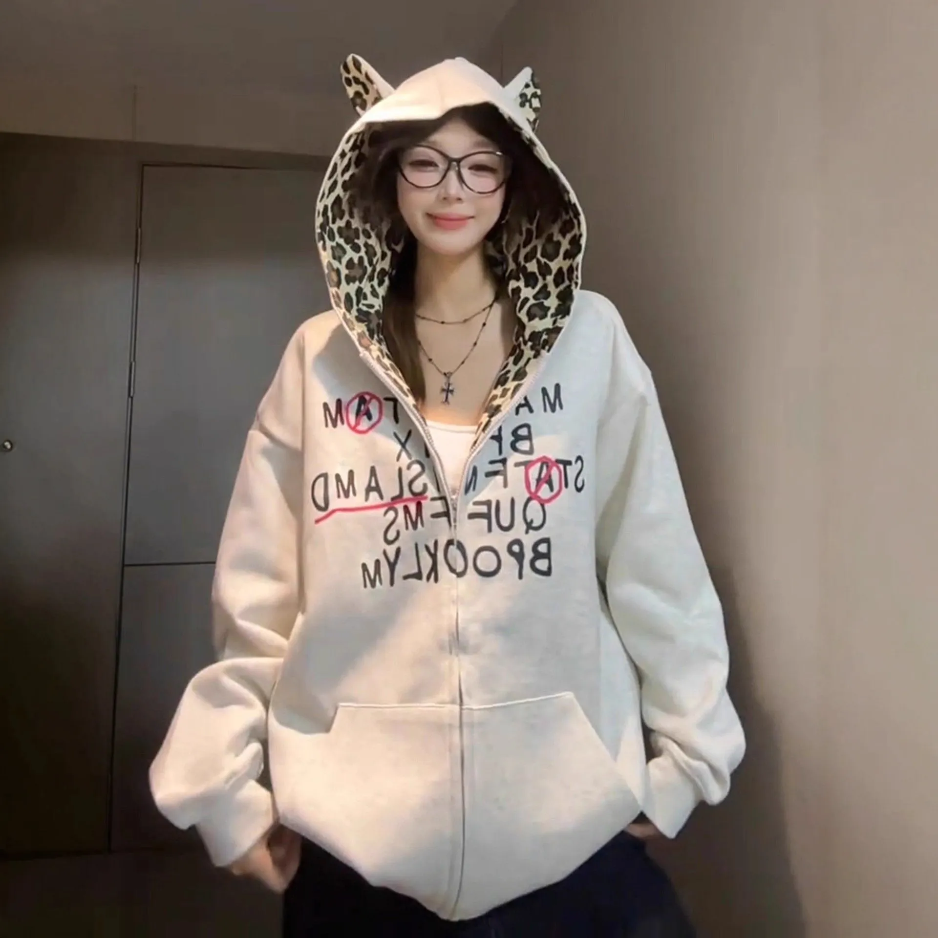 美式慵懒chic开衫外套女秋季2025新款宽松字母印花豹纹连帽卫衣潮