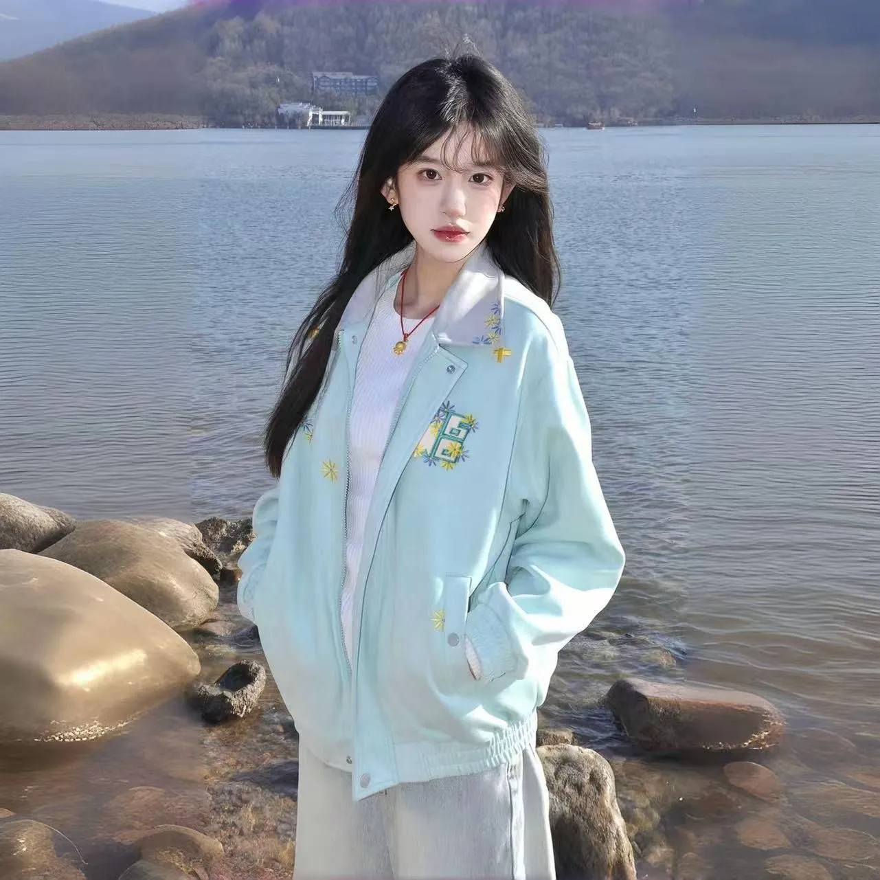 美式复古刺绣雏菊翻领开衫外套女春季2025年新款高街国潮牌棒球服