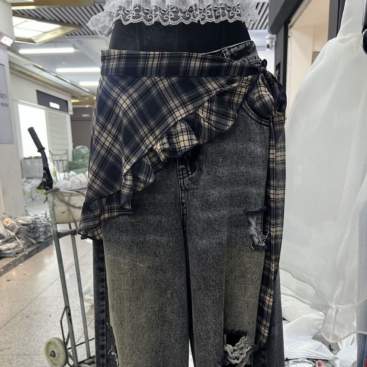 韩国2025新款格子三角巾头巾女腰巾短裙叠穿屁帘黑色半身裙子