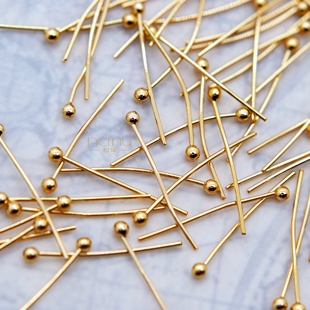 diy饰品配件 铜镀金圆头豆豆头球头针大头针串珠装饰大孔珠T字针