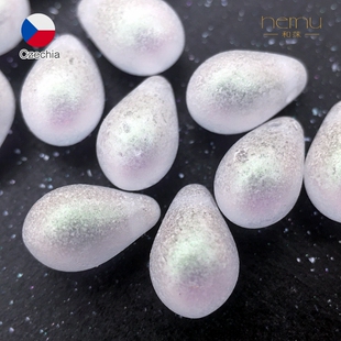 捷克进口 6×9mm水滴珠蚀刻抛光半透明内透粉红光横孔diy饰品配件