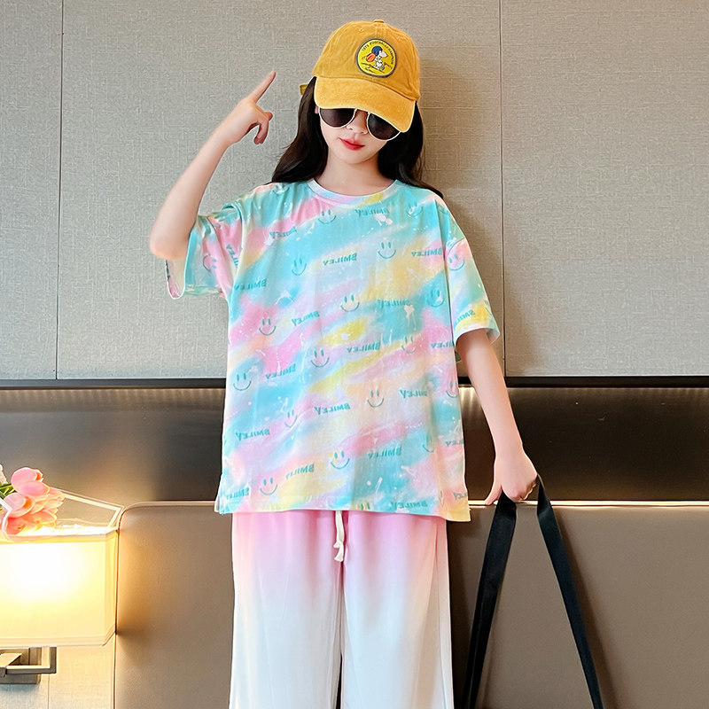 女童夏装宽松短袖2024新款女大童休闲洋气扎染t恤儿童装上衣半袖T