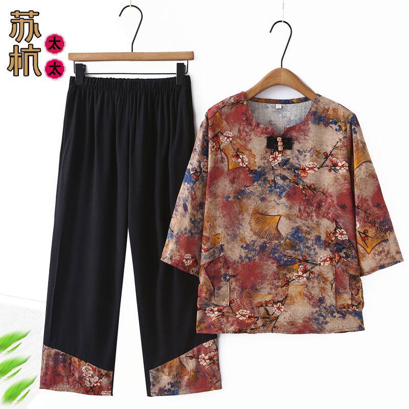 奶奶夏装中袖套装中老年女T恤老人上衣服妈妈仿棉麻老太太两件套
