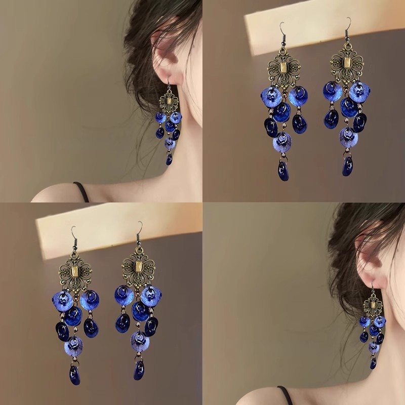 蓝月谷！蓝色流苏贝壳耳环！海边度假绚丽长款耳钉气质民族风耳饰