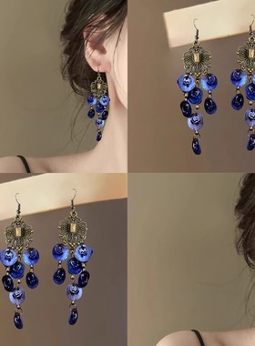 蓝月谷！蓝色流苏贝壳耳环！海边度假绚丽长款耳钉气质民族风耳饰