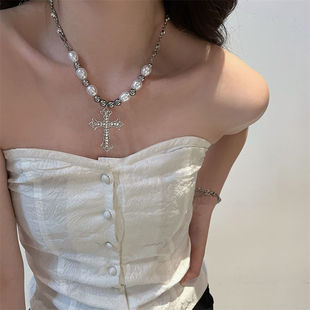 设计感甜酷风嘻哈情侣配饰男潮 十字架珍珠项链女ins小众个性