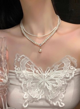 法式复古双层珍珠闪钻项链高级感轻奢小米珠锁骨链小众颈链choker