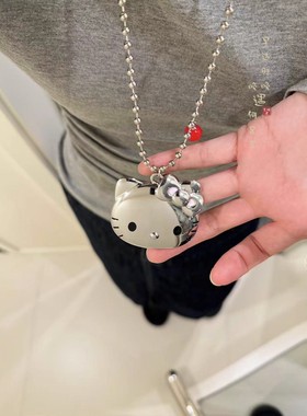 金属感猫咪吊坠项链卡通可爱miu风kt猫心甜美气质毛衣链配饰