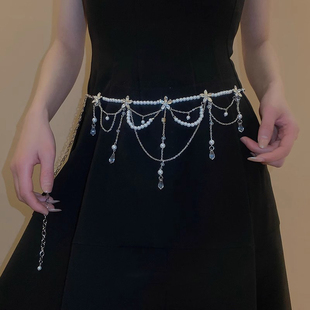 银色花朵珍珠水滴流苏腰链轻奢高级感个性精致身体链时尚百搭配饰