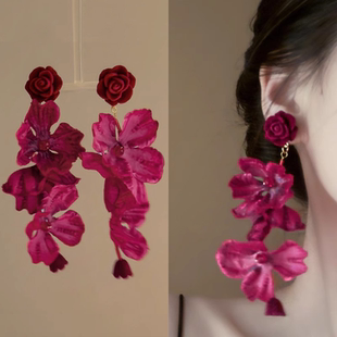 “花会枯萎，玫瑰不会”浪漫法式复古红色花朵流苏耳环高级感小众