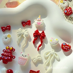 新年红白系列合金红色蝴蝶结可爱小熊圣诞树diy手工手链串珠配件