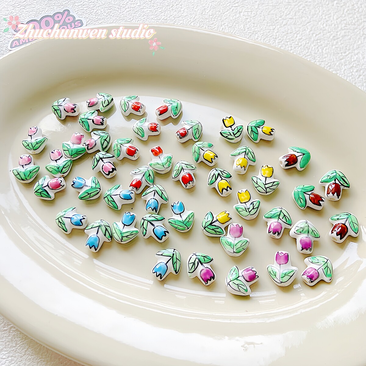 手工绘制陶瓷花朵郁金香珠子DIY手工串珠手链项链材料饰品配件