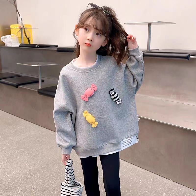 女童卫衣春秋款洋气中小童休闲糖果立体宽松百搭假两件上衣
