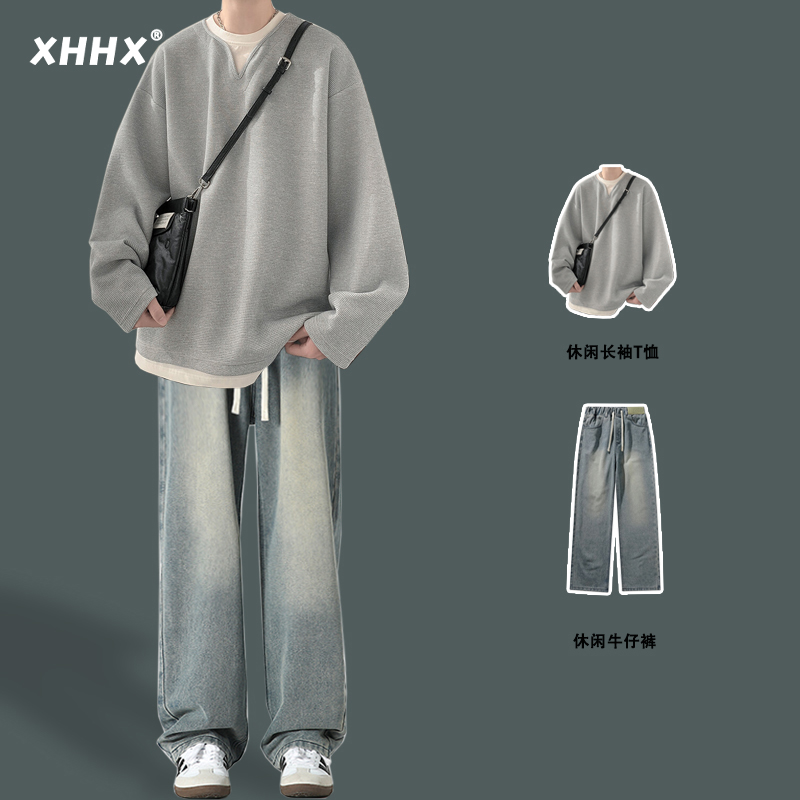 假两件卫衣男款春秋华夫格长袖T恤上衣服休闲套装潮牌男生一整套