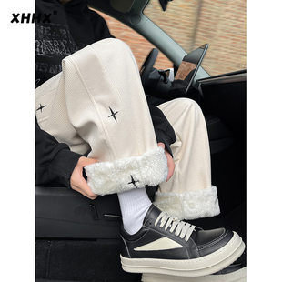 灯芯绒裤子男秋冬加绒加厚保暖宽松直筒裤美式复古十字架休闲长裤