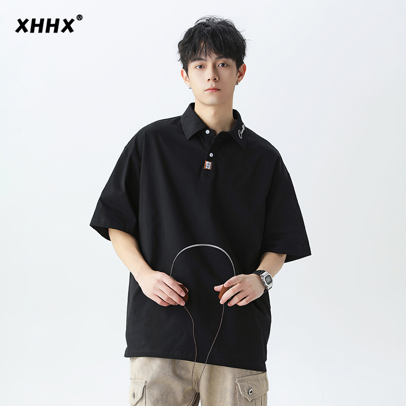 polo衫短袖T恤男夏季2025新款潮牌宽松重磅纯棉休闲五分半袖体恤