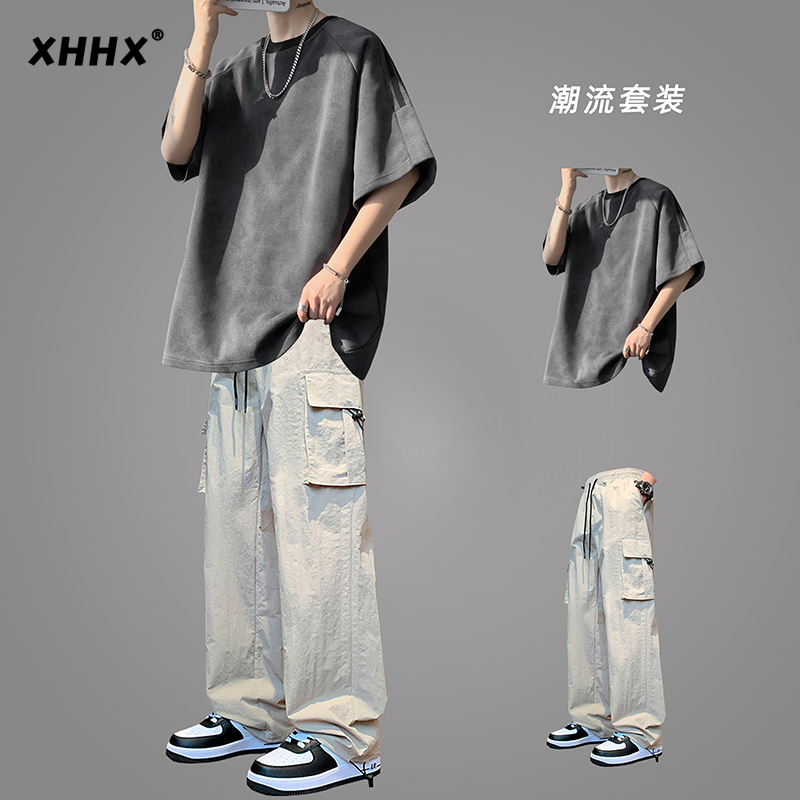 美式扎染短袖t恤男夏季青少年套装潮流休闲冰丝工装裤子一套搭配