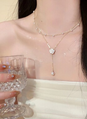 超仙优雅珍珠山茶花双层项链女轻奢高级感气质锁骨链时尚叠戴配饰