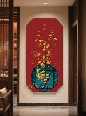 玄关装饰画中国风客厅荷花背景墙壁画中式红色墙面入户正对门挂画