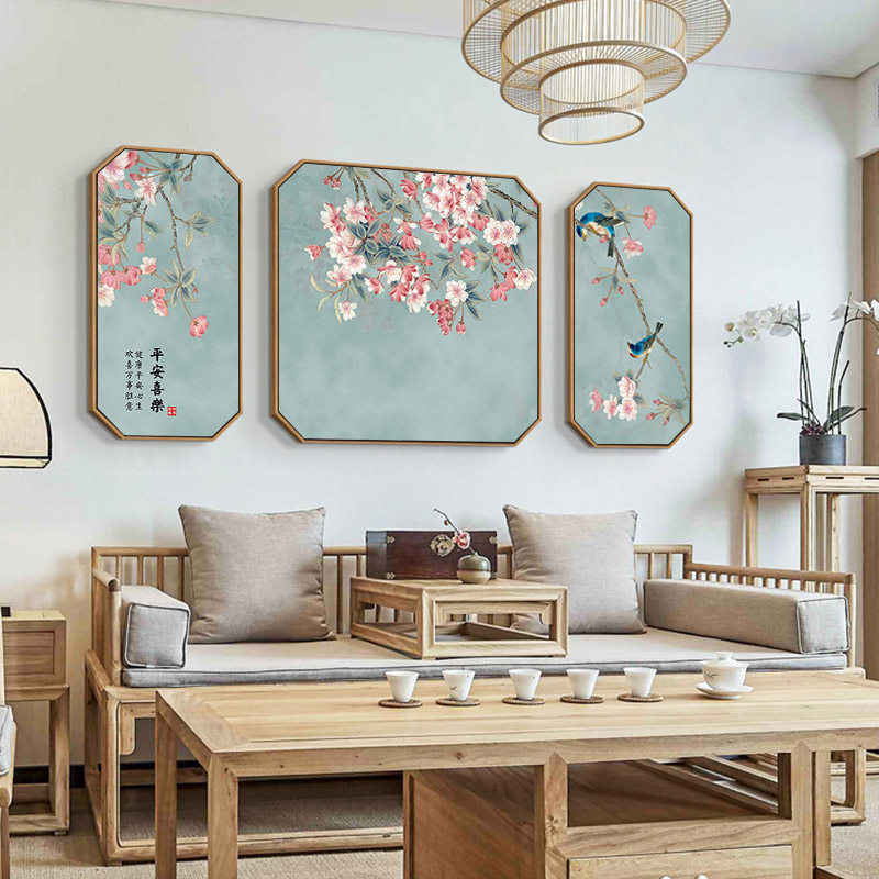 客厅装饰画新中式沙发背景墙挂画花鸟禅意字画中国风三联餐厅壁画_虎窝淘