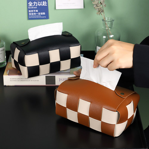 棋盘格高档黑白纸巾盒客厅轻奢餐桌抽纸盒美式皮革纸抽盒摆件纸盒 - 封面
