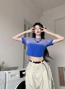 RM16184#美式复古洗水炒花渐变短袖字母扎染短款上衣