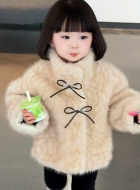 女童冬装仿皮草毛毛外套儿童环保小湖羊保暖大衣粉色中长款蝴蝶结