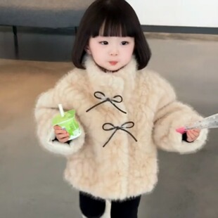 女童冬装仿皮草毛毛外套儿童环保小湖羊保暖大衣粉色中长款蝴蝶结