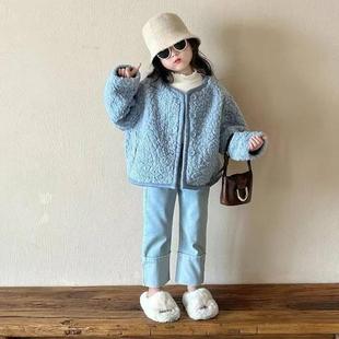 女童羊羔绒外套2026秋冬新款儿童蓝色皮毛一体宝宝深秋加绒牛仔裤