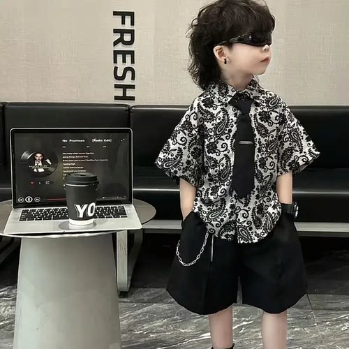 男童短袖夏季套装2026新款儿童洋气花领带衬衫夏天宝宝两件套帅气