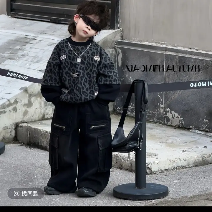 男童韩版2025秋冬新款儿童加绒豹纹假两件卫衣工装牛仔裤两件套潮,童装/婴儿装/亲子装,套装,淘宝优惠券,粉丝福利购,淘宝优惠卷