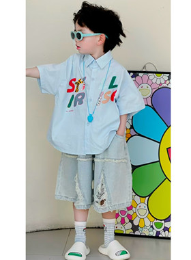 男童衬衫套装2026新款儿童洋气时髦上衣宝宝夏季短袖牛仔裤男孩潮