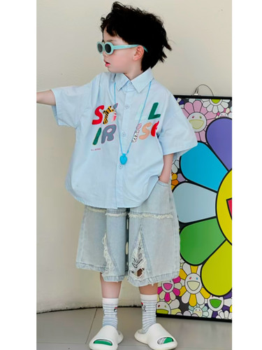 男童衬衫套装2026新款儿童洋气时髦上衣宝宝夏季短袖牛仔裤男孩潮