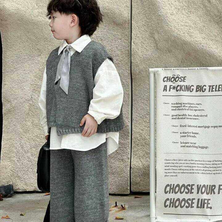 男童秋季衬衫套装2025新款韩版洋气宝宝灰色马甲女童裤子三件套潮,童装/婴儿装/亲子装,套装,淘宝优惠券,粉丝福利购,淘宝优惠卷