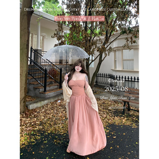 【淡颜天菜】女大码法式早秋晚礼服绝美收腰气质抹胸粉色连衣裙