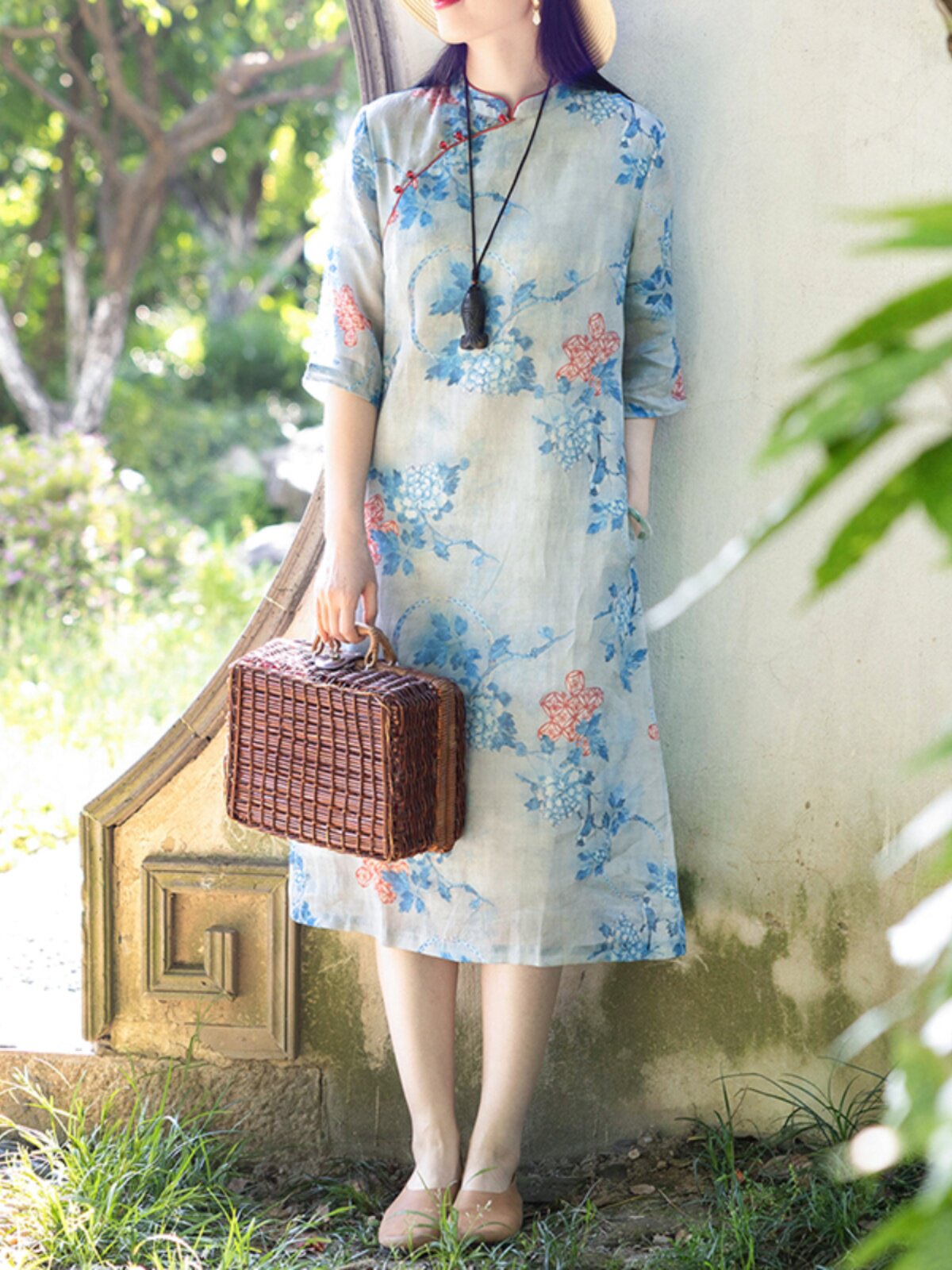 素订女装原创品牌旗舰店新中式斜襟盘扣棉麻连衣裙女夏季复古国风