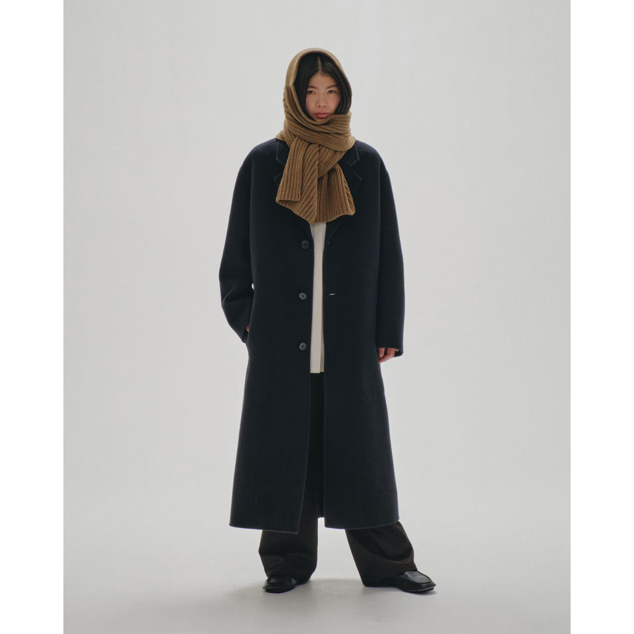 冬季西装领双面呢长款大衣女黑色